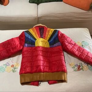 Red Puffer Jacket with Rainbow Sunback